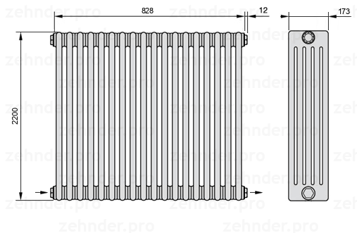 Схема (чертеж) Радиатор Zehnder Charleston 5220/18 №2670 Белый глянцевый RAL 9016